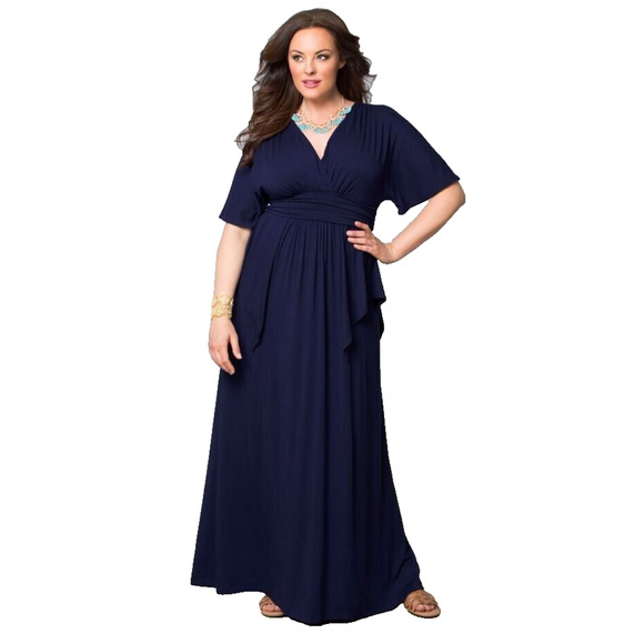 Kiyonna Dress 4X Navy Blue Indie Flair Style Gown Maxi Kimono Sleeves Draped - Picture 2 of 15